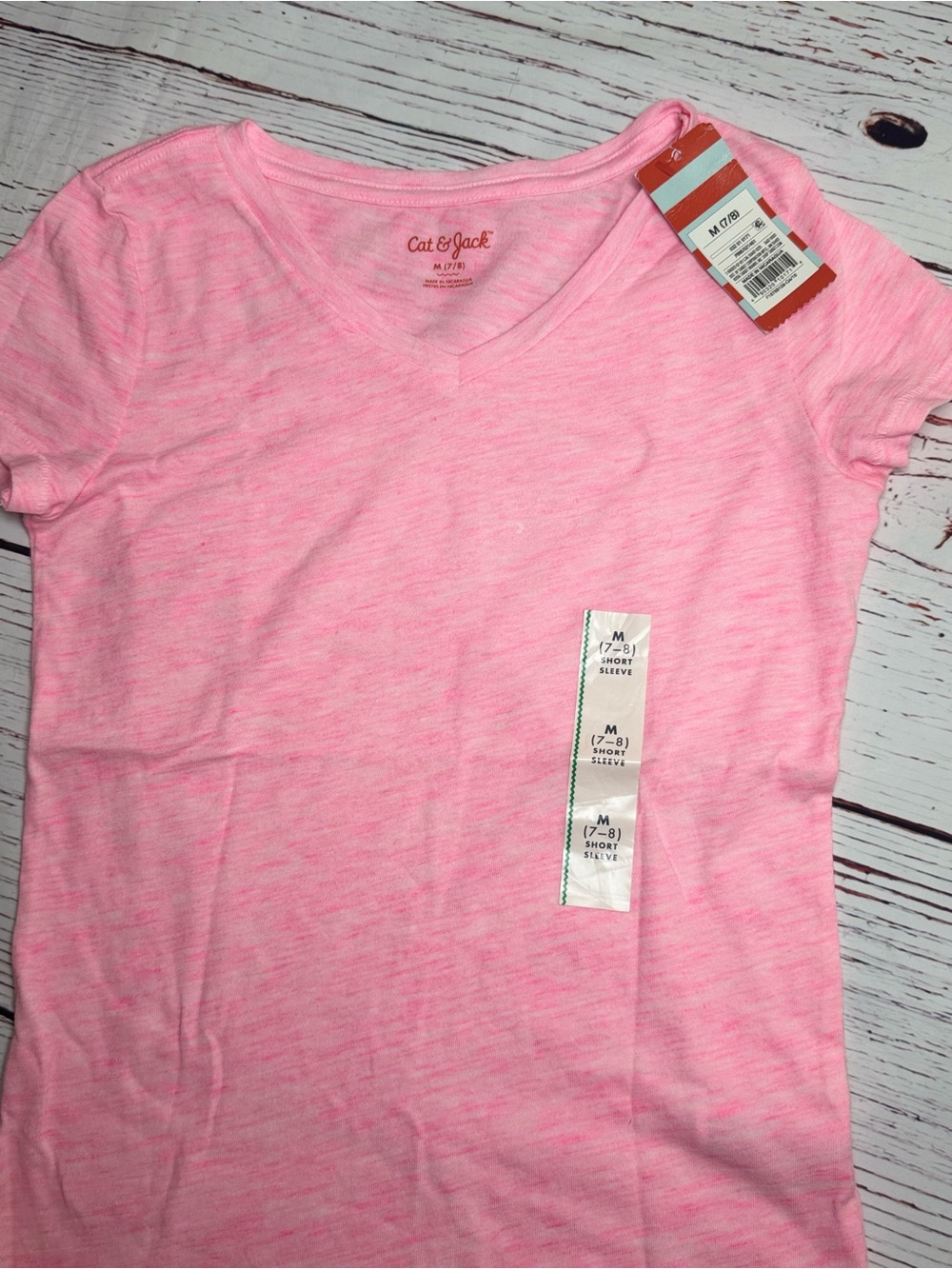 NWT Cat & Jack Girls Neon Pink Heather V-Neck Tee | Size Medium (7/8)